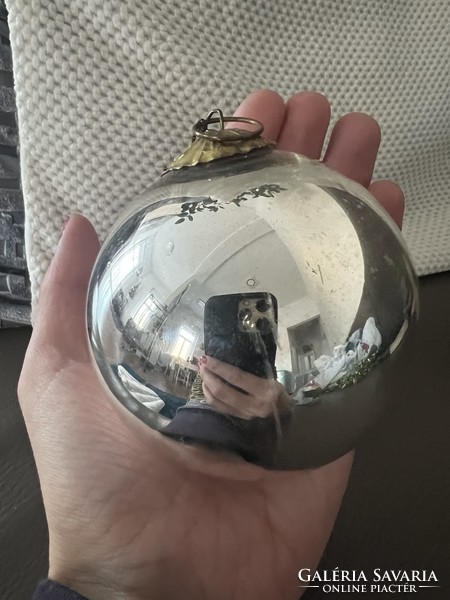 Antik ezüst vastag üveg karácsonyfadísz gömb