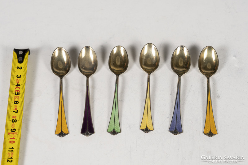 Silver enamel decorated coffee spoon set in gift box