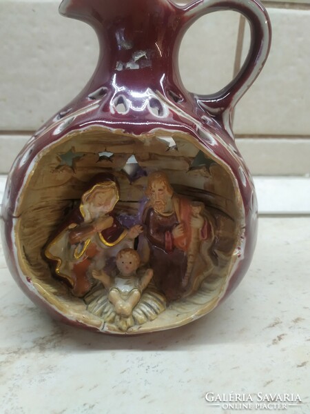 Ceramic candle holder for sale! Beautiful, pitcher-shaped nativity scene candle holder for sale!