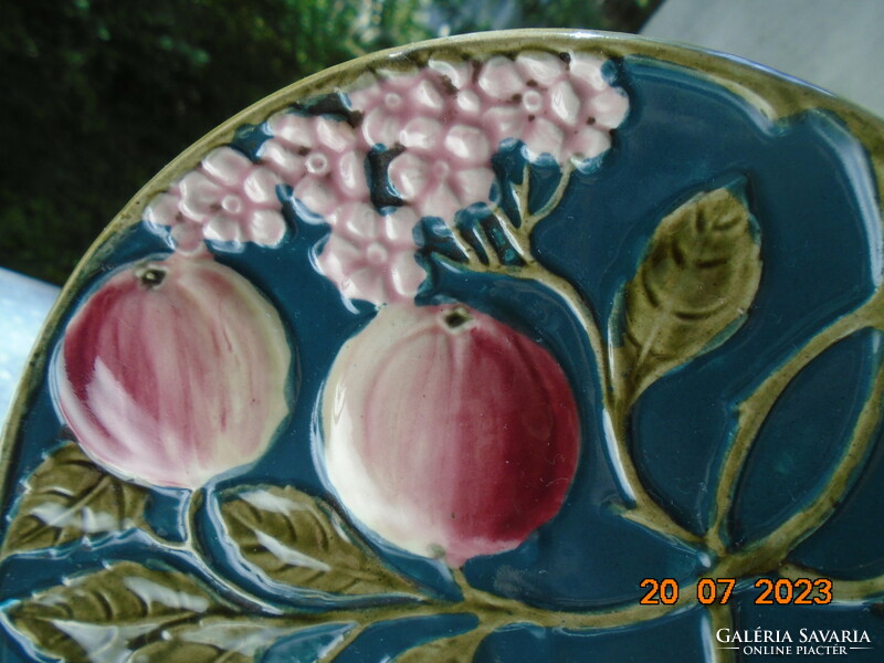 19th French majolica wall plate with embossed peach flower and fruit patterns
