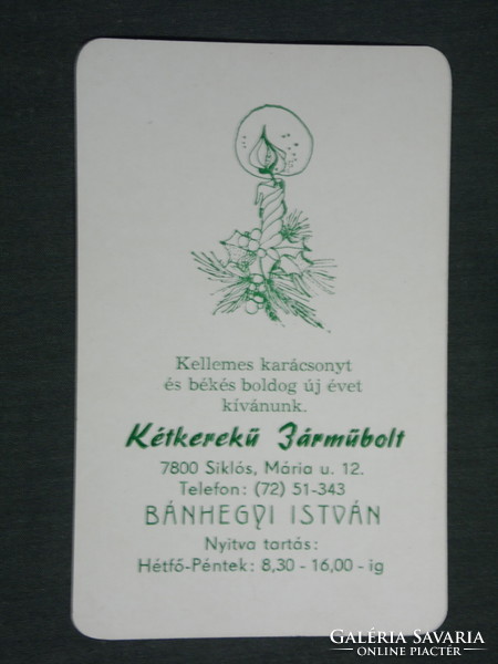 Kártyanaptár, Kétkerekű járműbolt autós bolt, Bánhegyi István, Siklós, ünnepi,1993,   (3)