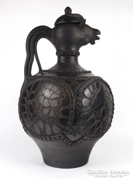 1P577 beautiful Karda Imre black ceramic jug with ram's head raven decoration 46.5 Cm