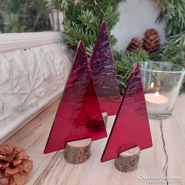 Piros katedrál üveg karácsonyfa 3 darabos készlet fa talpban