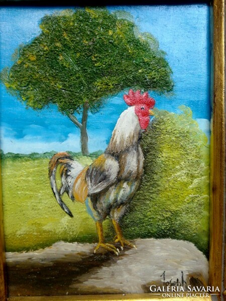 Portrait of the king of the poultry yard is a modern realistic style painting framed on a board