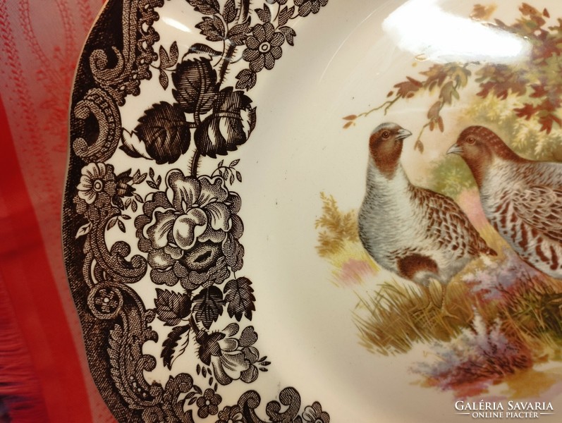 Royal Worcester, Palissy, gyönyörű angol porcelán nagy lapos kínáló tál, tányér, közepén fogolypárra