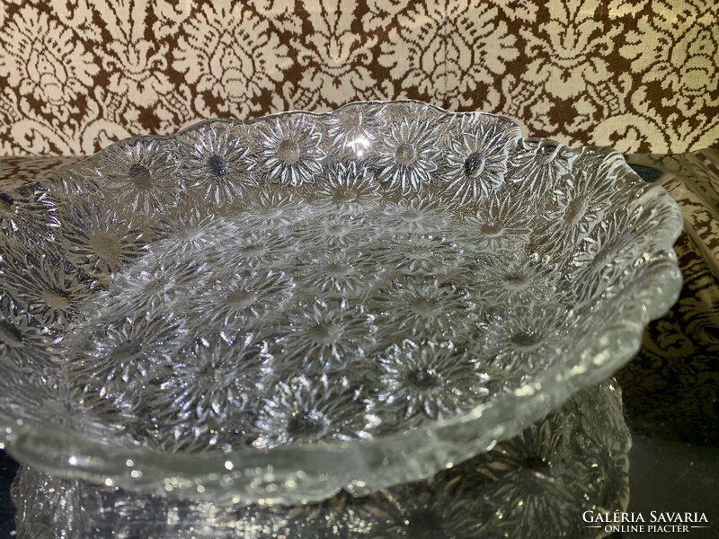 Retro virágos mintás üveg gyümölcsös salátás tál, kínáló, asztalközép
