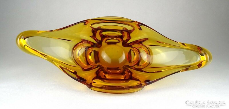 1H620 Mid century borostyánsárga fújtüveg művészi üveg asztalközép kínáló 36.5 cm