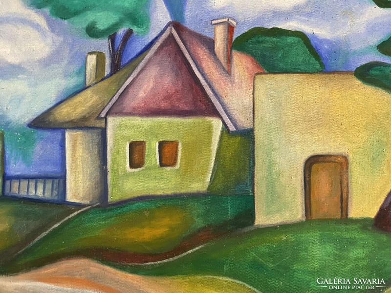 József Szendrei landscape with houses oil canvas painting 88 x 62 cm