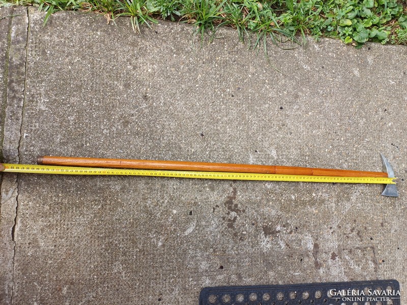 A walking stick with a step-like iron handle head.