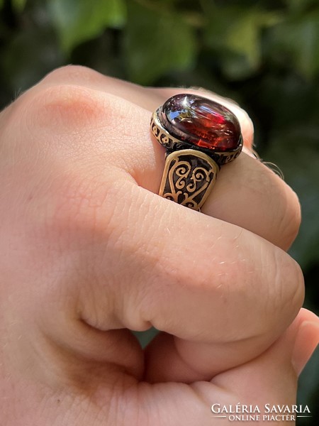 Antique style Israeli silver signet ring with amber colored glass
