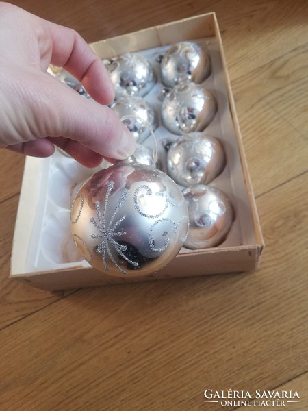 Régi ezüst karácsonyi gömb szett - ajándék toboz dísszel