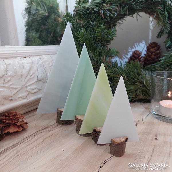 White-green-grey decorative glass Christmas tree set of 4 in a wooden base