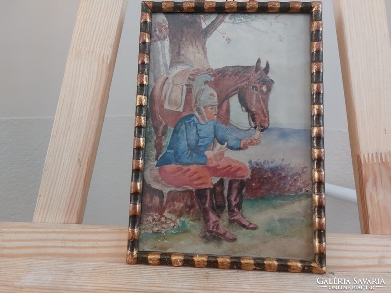 (K) Kis festmény lovaskatona 23x16 cm kerettel