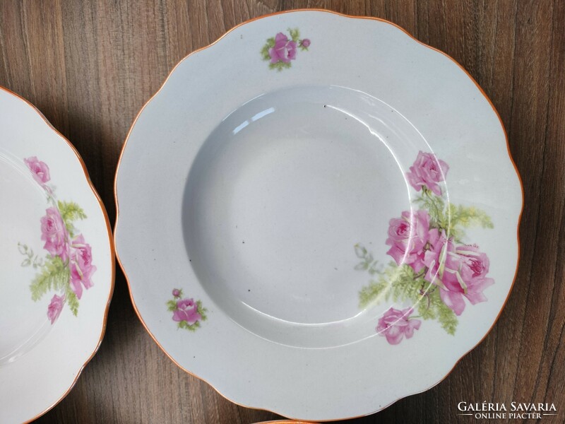 6 Zsolnay porcelain deep plates with rose decor, shield seal mark, luster glaze strip