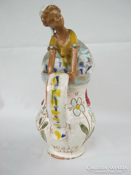 Shield girl figural ceramic pitcher varőce 1974. Drink good wine, my friend, I'm not sorry for you
