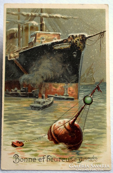 Antique embossed New Year greeting card - ocean liner, buoy, winter night from 1909