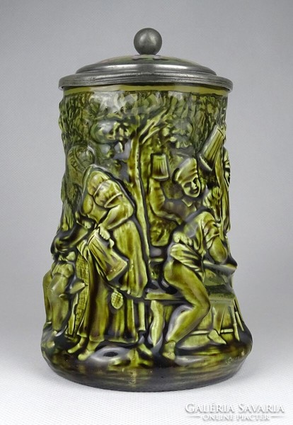 1I023 Antik jelzett ónfedeles gőzmozdonyos porcelánbetétes német majolika söröskorsó 17.5 cm
