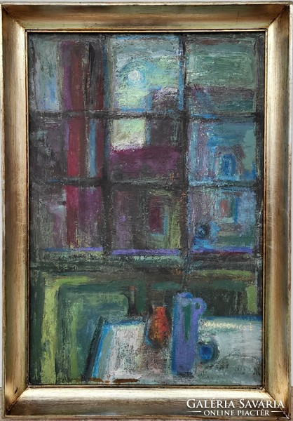 Krajcsovics Éva (1947 - ) Műteremablak c. Képcsarnokos festménye Eredeti Garanciával!