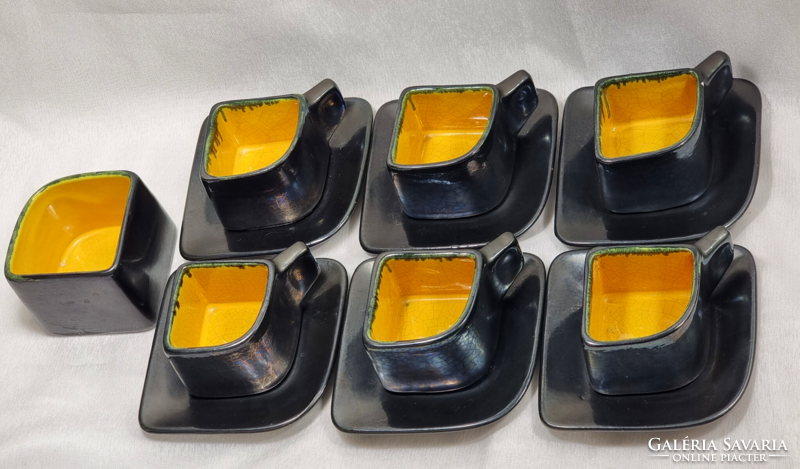6 Painted-glazed ceramic coffee cups with bottoms, sugar bowls, with ma' marking, industrial art work,