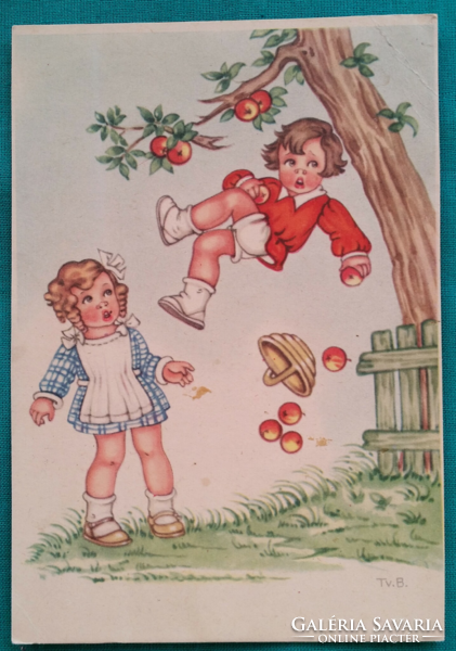 Antique graphic artist postcard tv. B. Signos, children, humor, postman