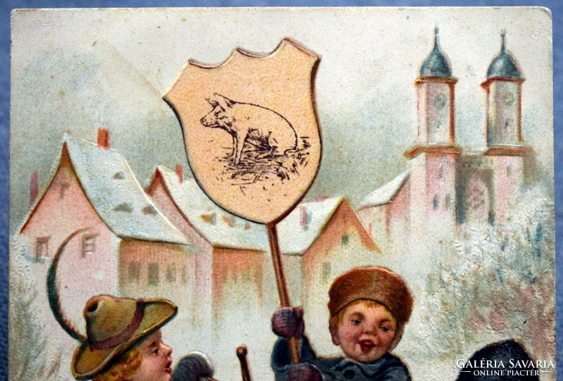 Antique embossed New Year's greeting card - musical children with piggy board, winter landscape 1909