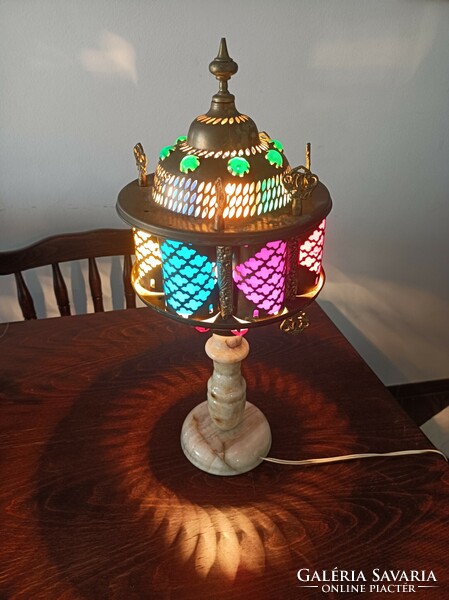 Table lamp / with onyx base, copper upper body, decorated with glass inserts, oriental work.