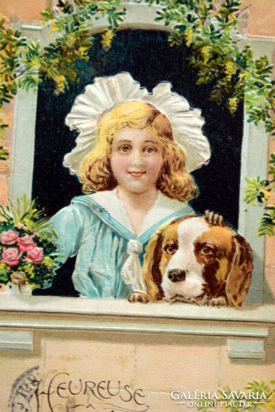 Antique embossed greeting card - little girl with a dog from 1906