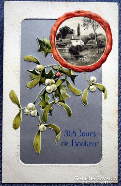 Antik dombornyomott Újévi ezüst hátterű üdvözlő képeslap - pecsétben tájkép , fagyöngy