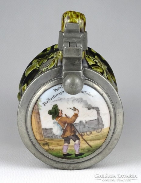 1I023 antique marked tin lid steam locomotive porcelain inset German majolica beer mug 17.5 Cm
