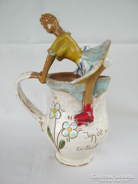 Shield girl figural ceramic pitcher varőce 1974. Drink good wine, my friend, I'm not sorry for you