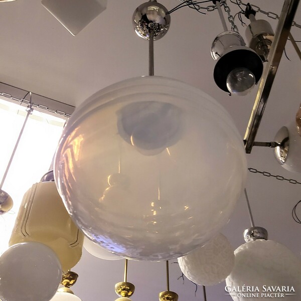 Art deco nikkelezett mennyezeti lámpa felújítva - különleges irizáló üveg búra
