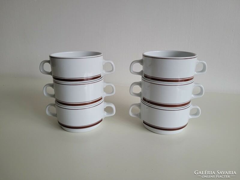 Old lowland porcelain brown striped soup cup retro two-handled bowl 6 pcs
