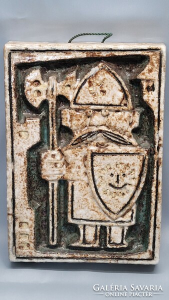 A rare Zsolnay modern pyrogranite mural depicting a soldier in armor