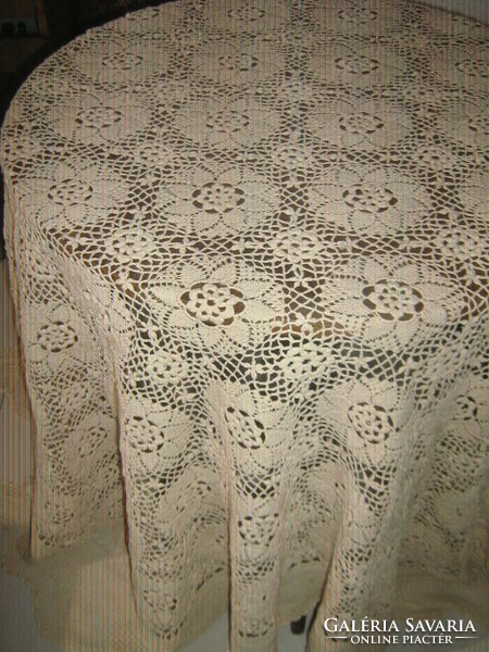 Dreamy antique ecru hand-crocheted huge floral bedspread with Art Nouveau features