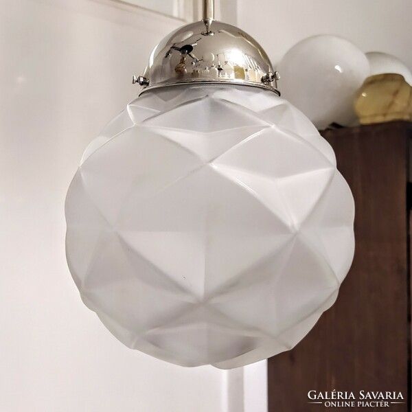 Refurbished art deco nickel-plated ceiling lamp - specially shaped acid-etched glass shade