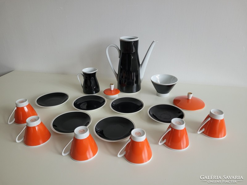 Retro német Freiberger GDR narancs fekete kávés mokkás készlet színes 6 személyes mid century