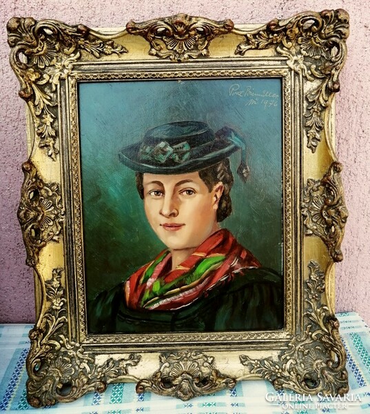 Lady in hat with colorful shawl. Framed portrait