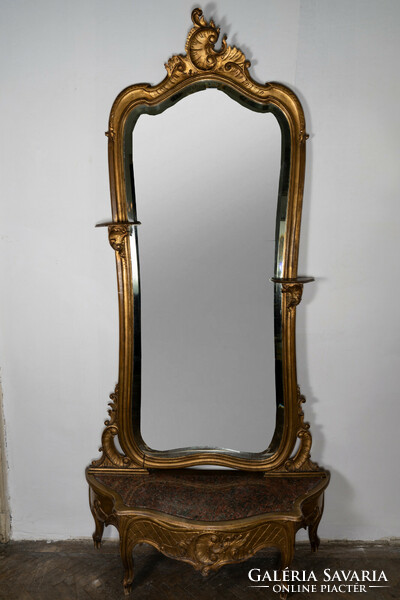 Miniature console table with large shelf mirror