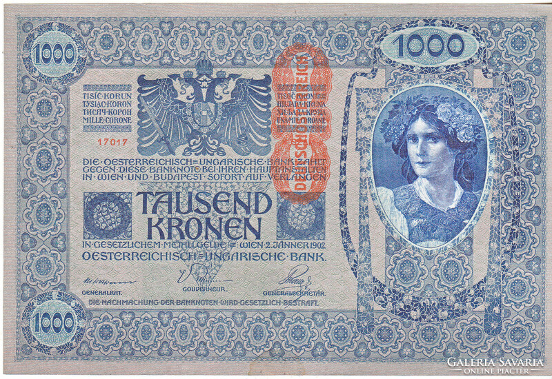 Austria 1000 Austro-Hungarian crowns 1902/1912 vertical overprint