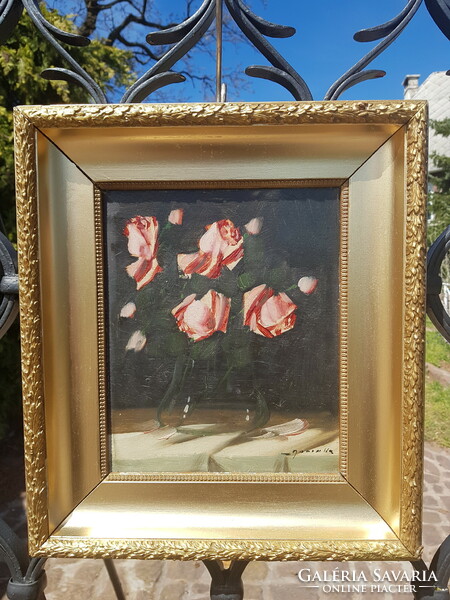 Murin Vilmos: Szent Erzsébet rózsa, olaj, karton 23x28cm, festmény, csendélet. Antik képkeret.