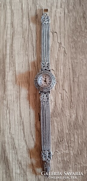 Régi ezüst női ékszer óra, karóra markazit díszítéssel