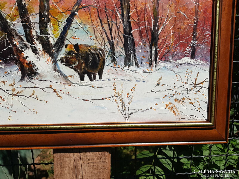 Wild boar with pheasants in winter. Oil, wood 35 x 55 cm, painting, landscape, golden-brown wooden picture frame. Tpapp
