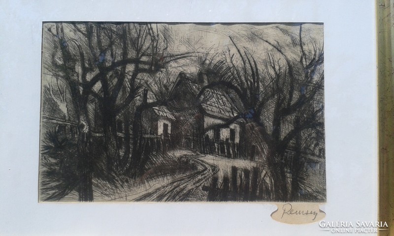 Remsey: etching 30.5x44.5 cm. Modern picture frame. Rural landscape.