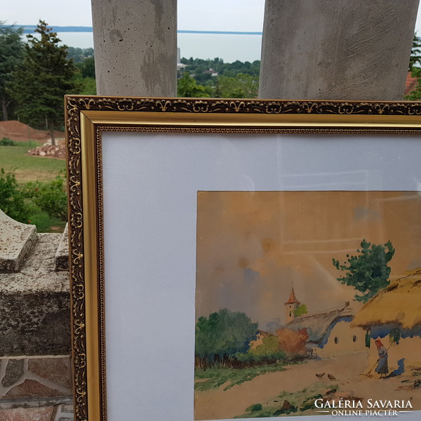 Neogrády antal: village snapshot, watercolor 28 x 38 cm, landscape, in a cute picture frame