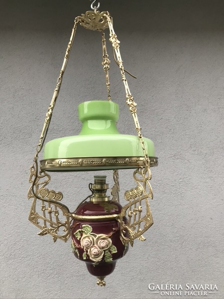 Petroleum lamp, majolica, with a green bulb