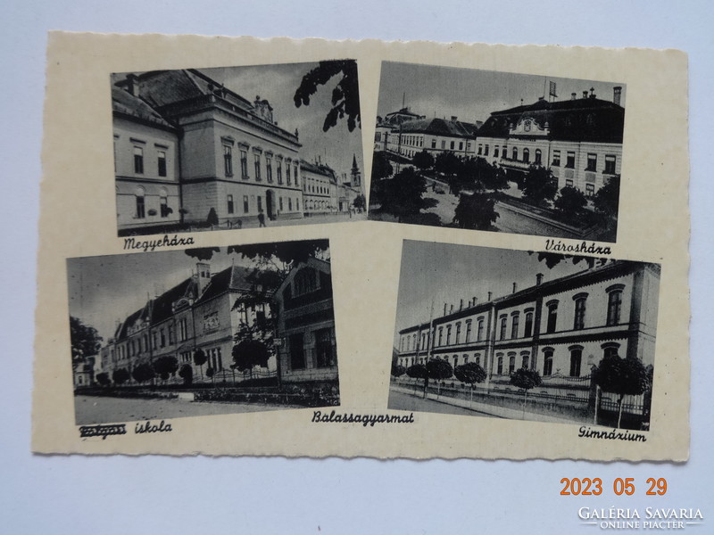 Old postman Weinstock postcard: Balassagyarmat, county hall, town hall, civic school, high school