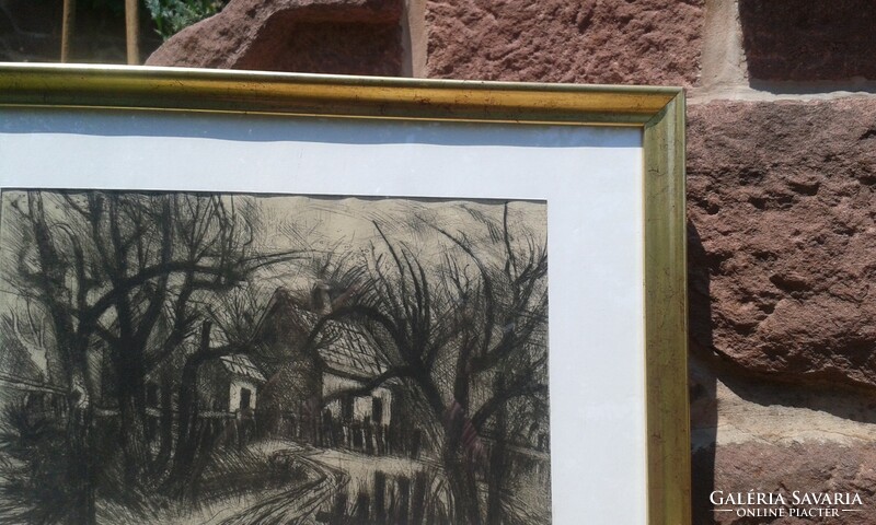 Remsey: etching 30.5x44.5 cm. Modern picture frame. Rural landscape.