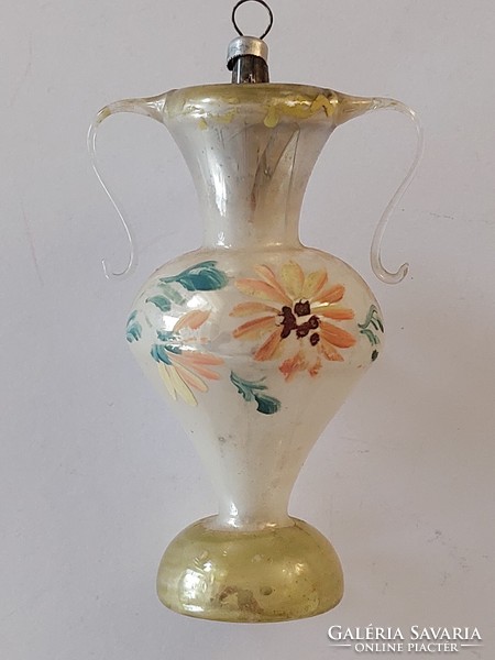 Old glass Christmas tree ornament painted floral amphora glass ornament