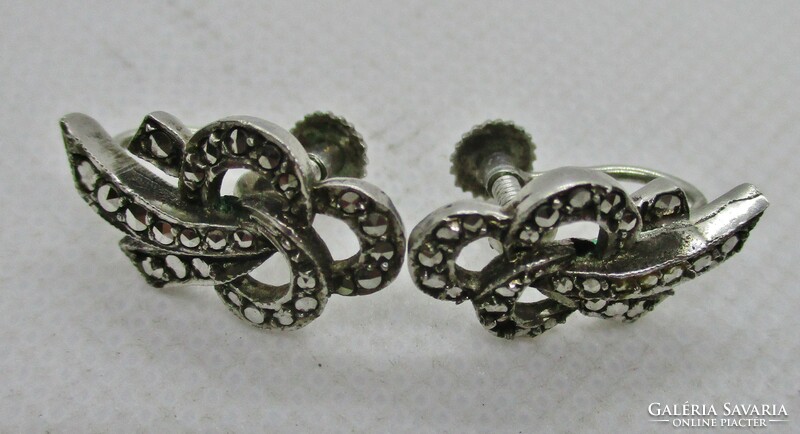 Beautiful antique silver earrings with marcasite stones, screw clip