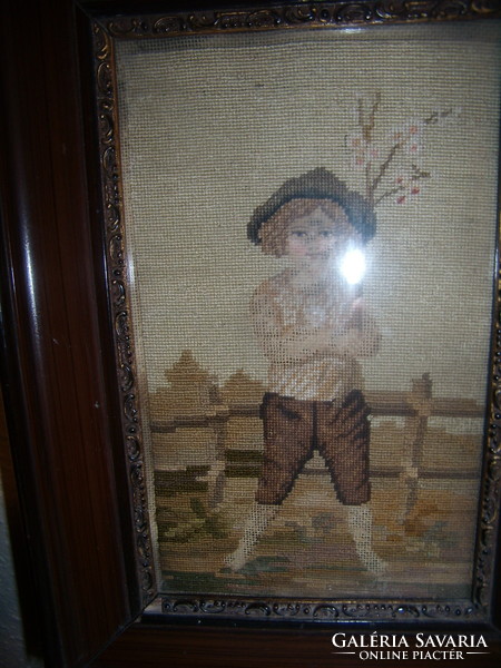 Framed in a romantic style, artistic needle tapestry, from the early years of the 20th century